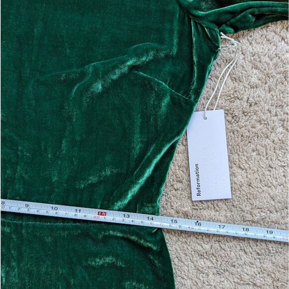 NWOT Reformation Mountain Emerald Green Velvet Mini Ruffle Holiday Dress, - Picture 9 of 14